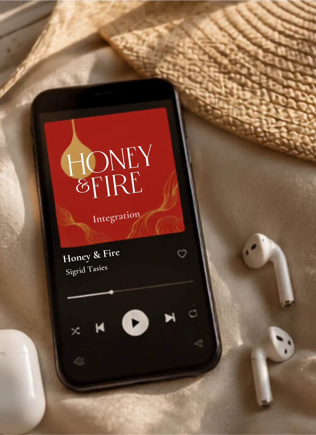 The Honey & Fire Integration playlist playing on a phone